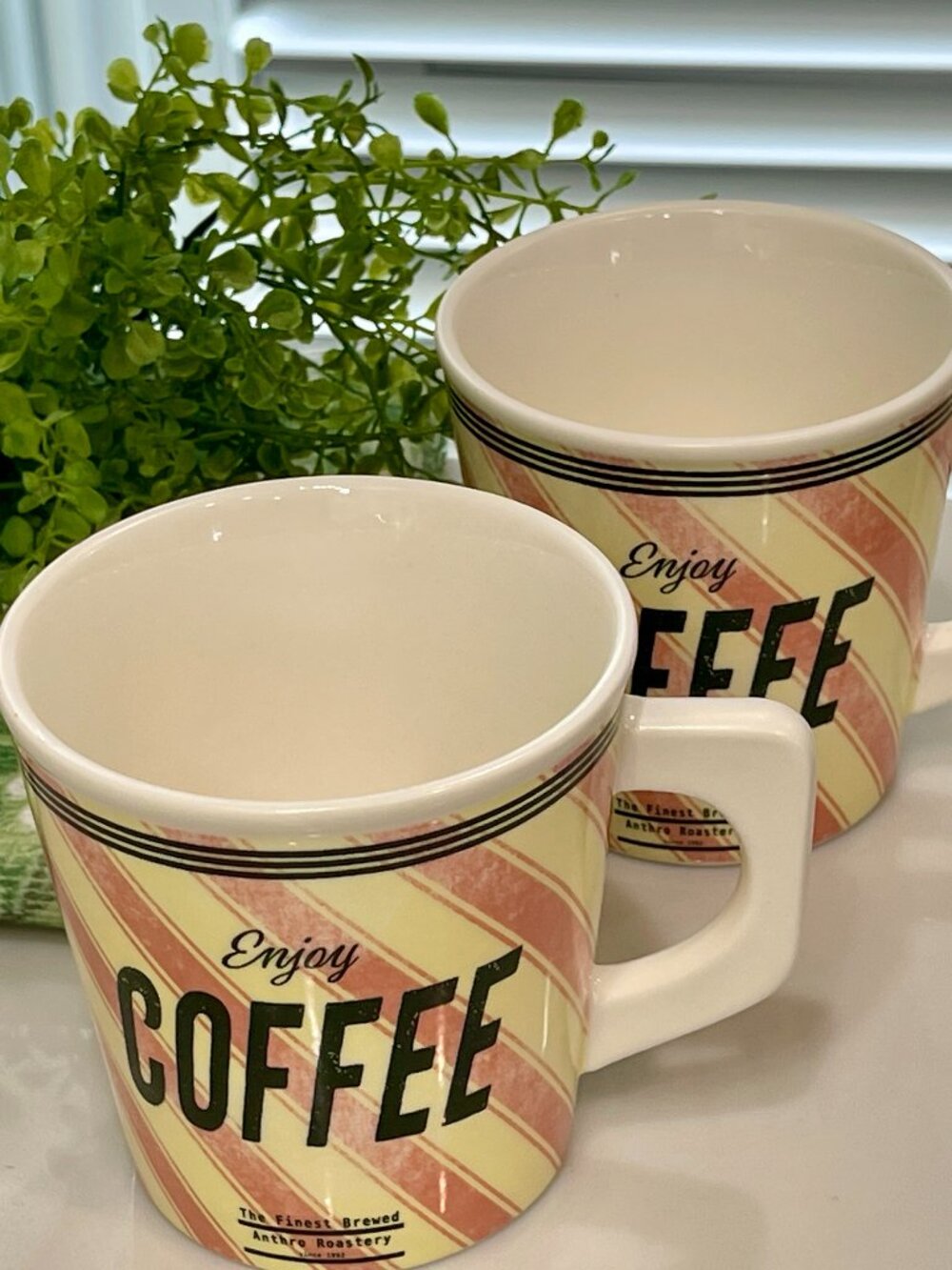 (Set of 2) Enjoy Coffee Pink Anthropologie Retro Mugs  -NEW
